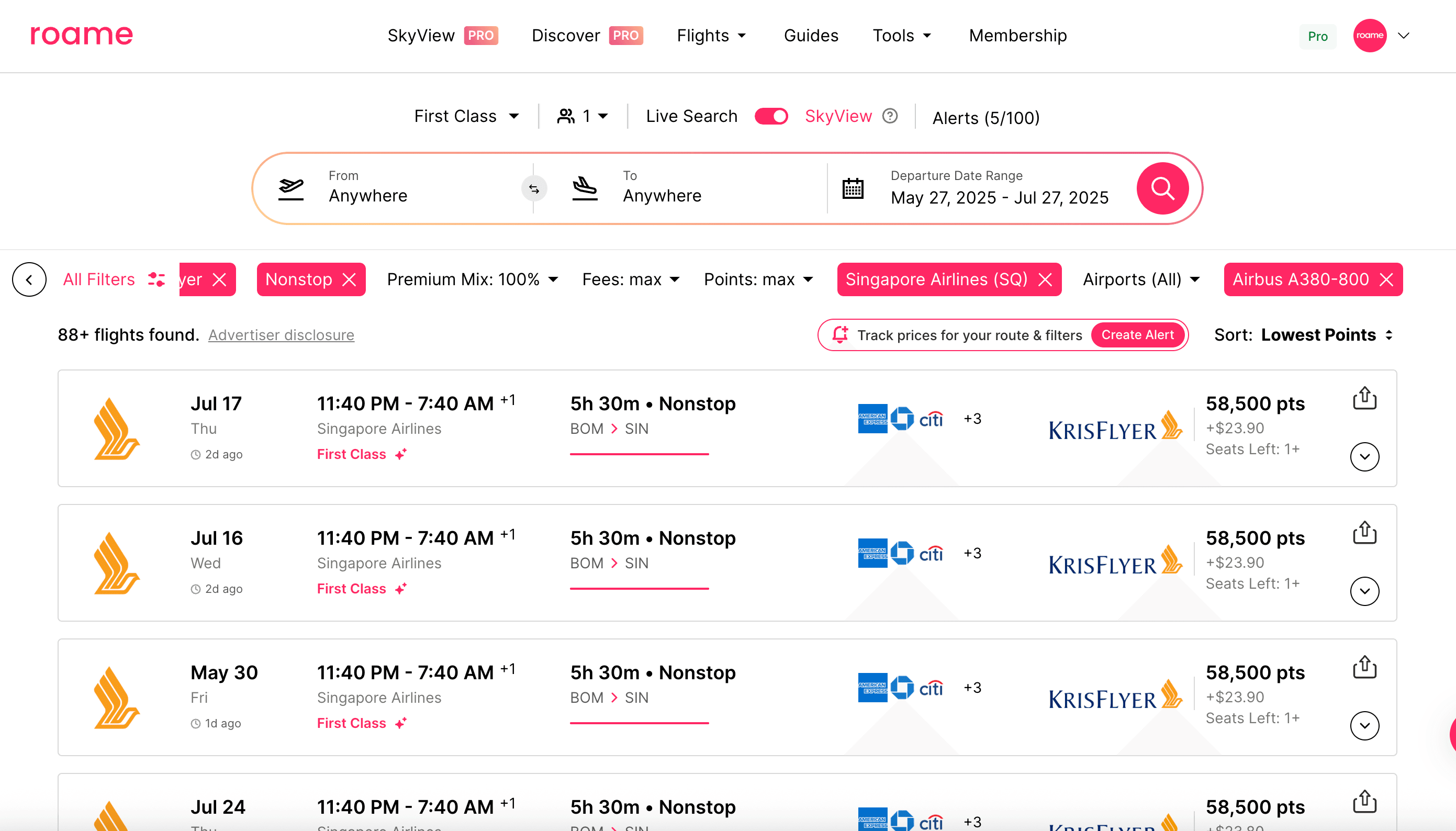 Screenshot of Singapore Airlines Suites results on Roame tool