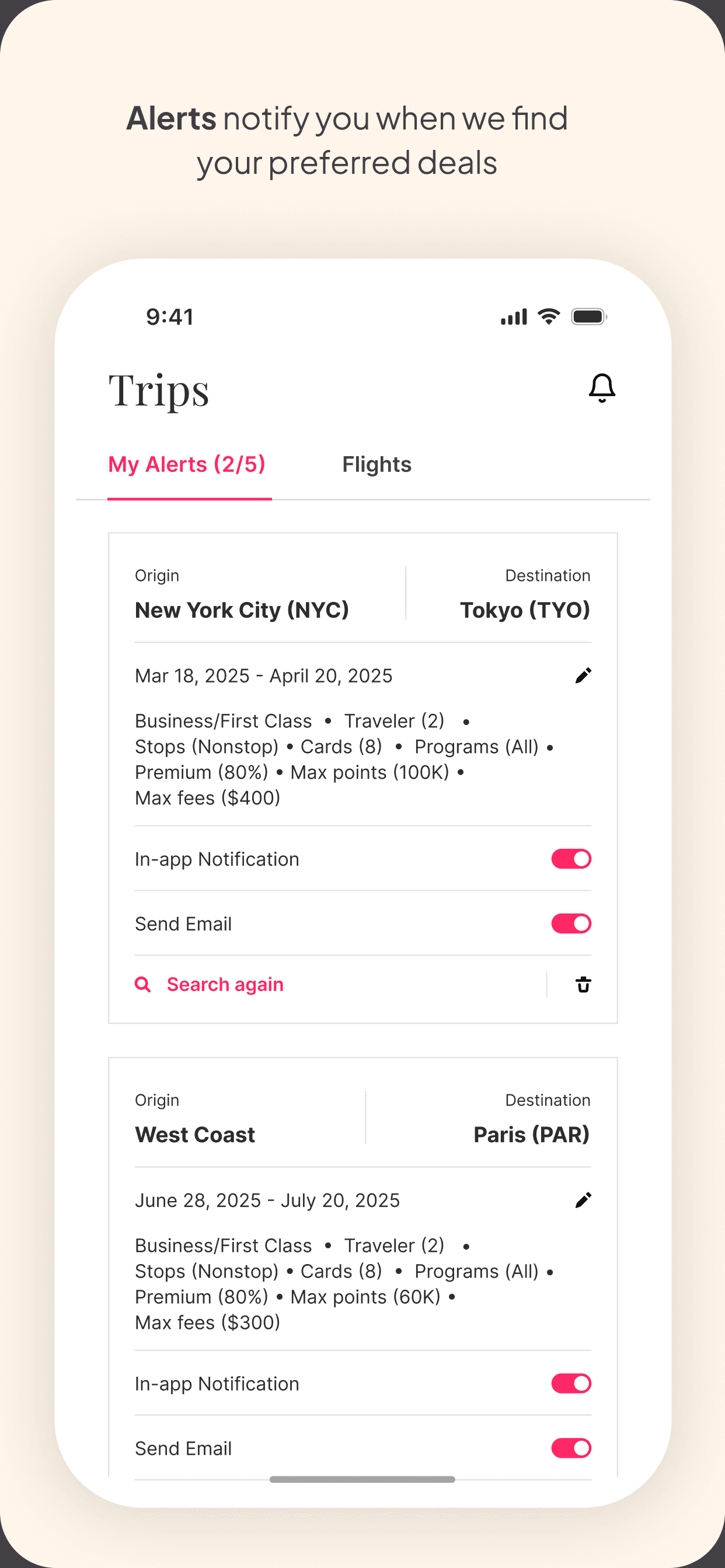 Roame mobile award alert settings