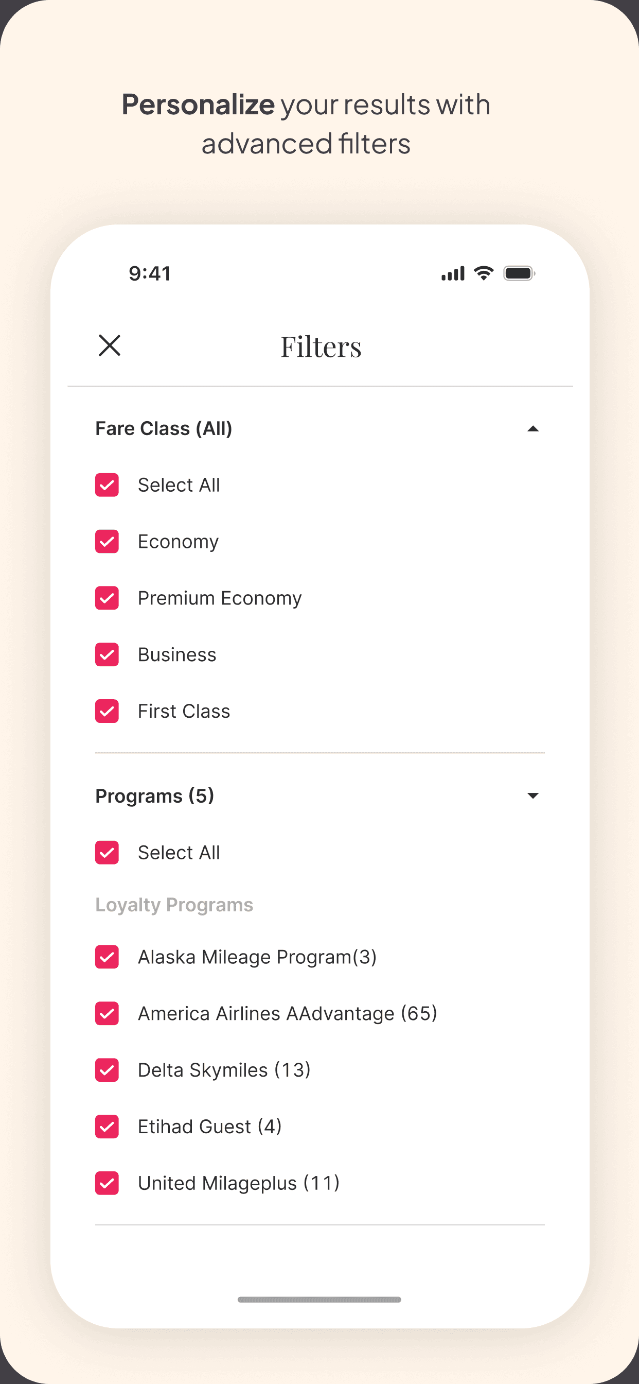 Roame mobile award search filters