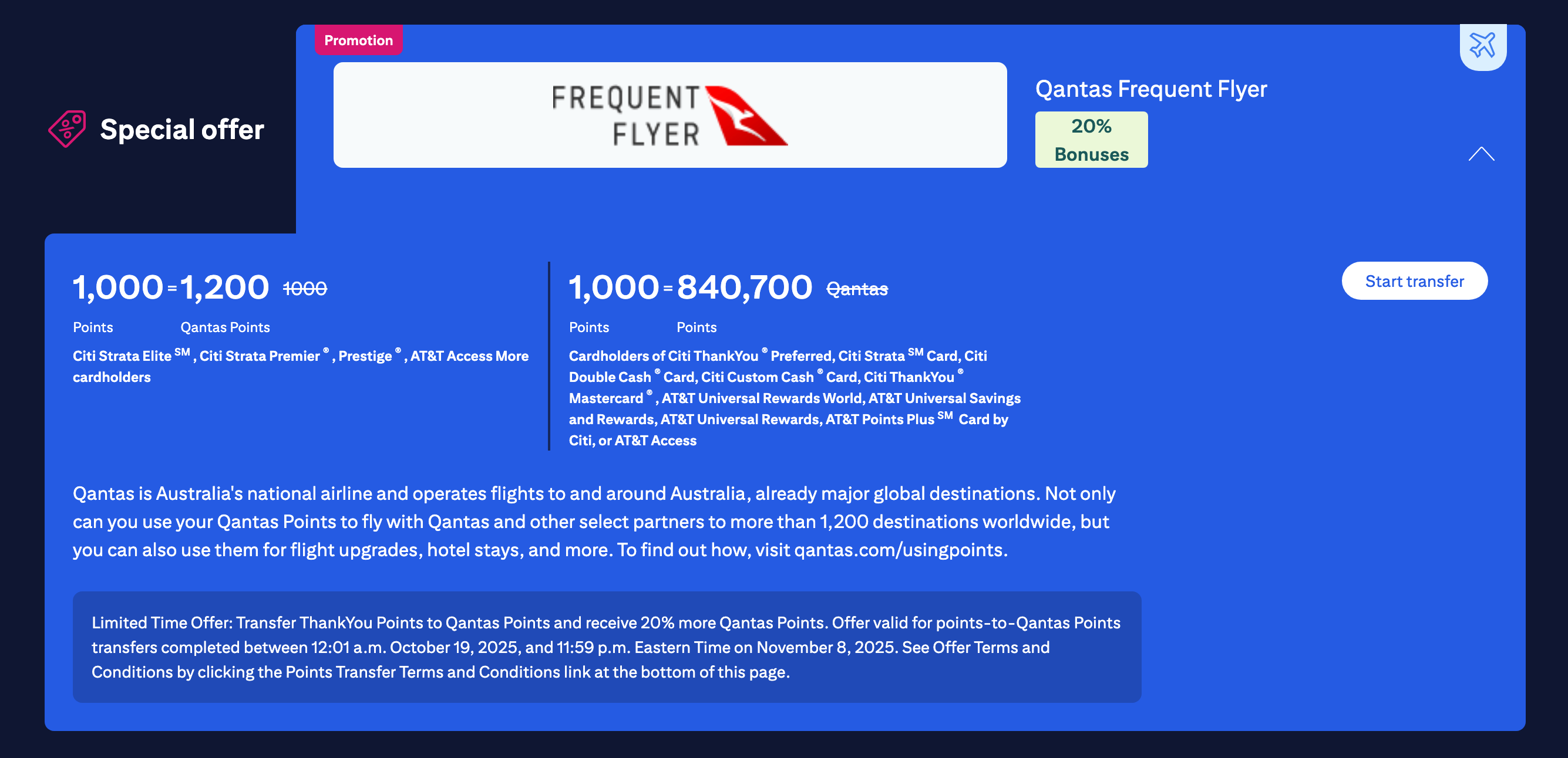 Citi thank you transfer to Qantas